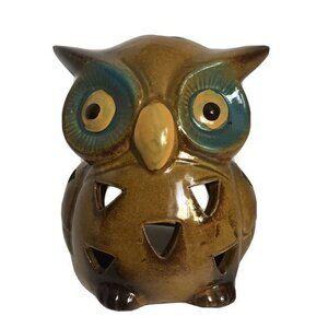 Ceramic Owl Candle Holder Tealight Big Teal Eyes 4”